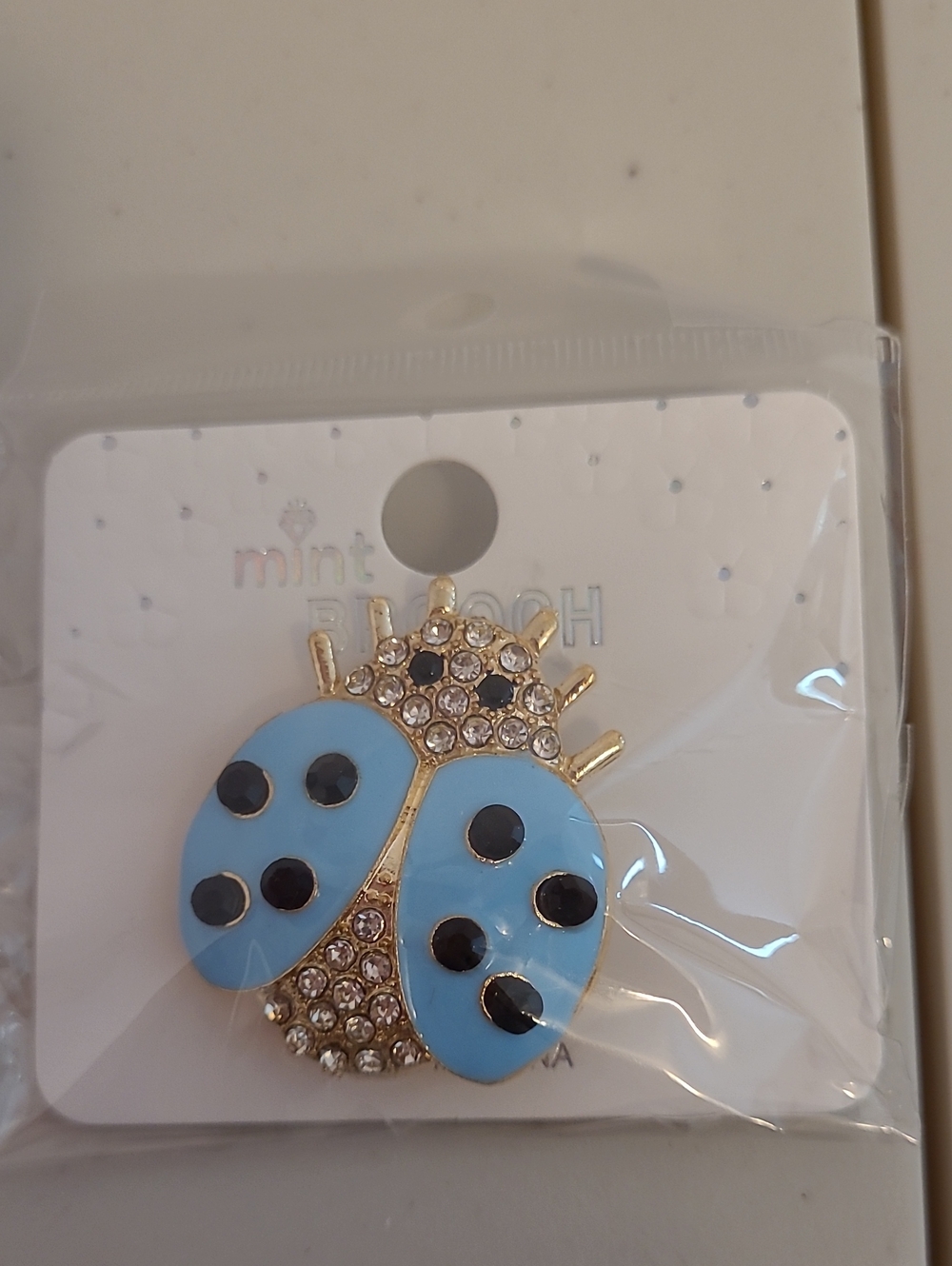 Mint Blue and Gold Ladybug Brooch with Black Spots